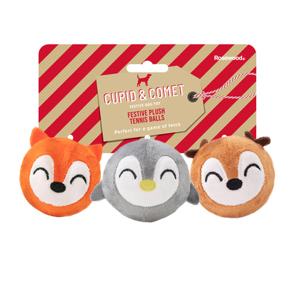 Rosewood Cupid & Comet 3pc Festive Character Tennis Balls Christmas Dog Toy