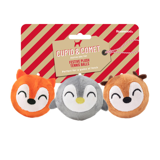 Rosewood Cupid & Comet 3pc Festive Character Tennis Balls Christmas Dog Toy