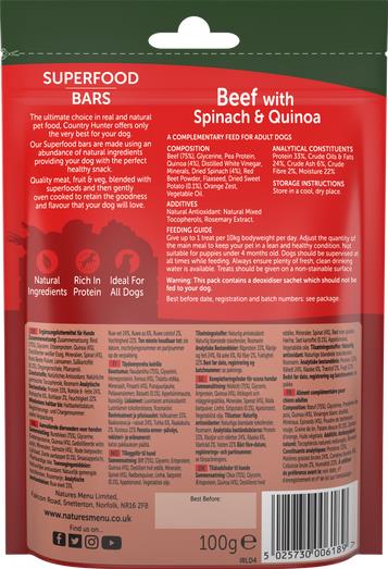 Country Hunter Superfood Bars - Beef with Spinach & Quinoa - Dog Treats 100g